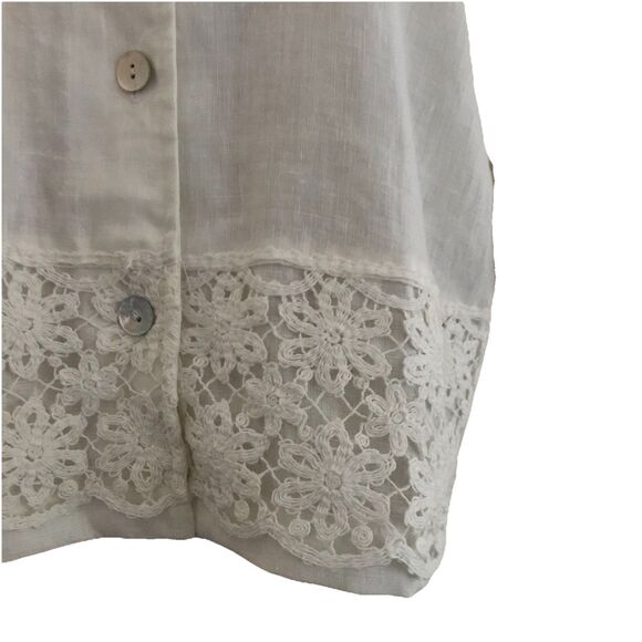 Vintage 90s Off White Linen Short Sleeve Crochet Cottage Core Top L - Picture 2 of 8